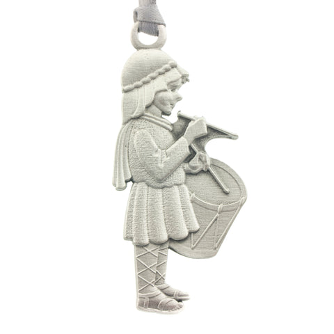 Little Drummer Boy Christmas Tree ornament. Made from Pewter. Silver ribbon. Made in Fredericton NB New Brunswick Canada