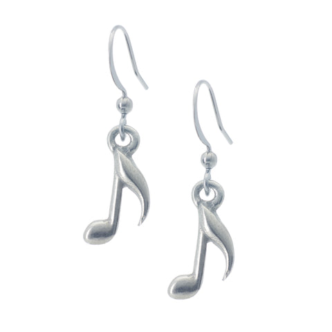 Music Note Earring. Polish finish. Made from Pewter. Made in Fredericton NB New Brunswick Canada
