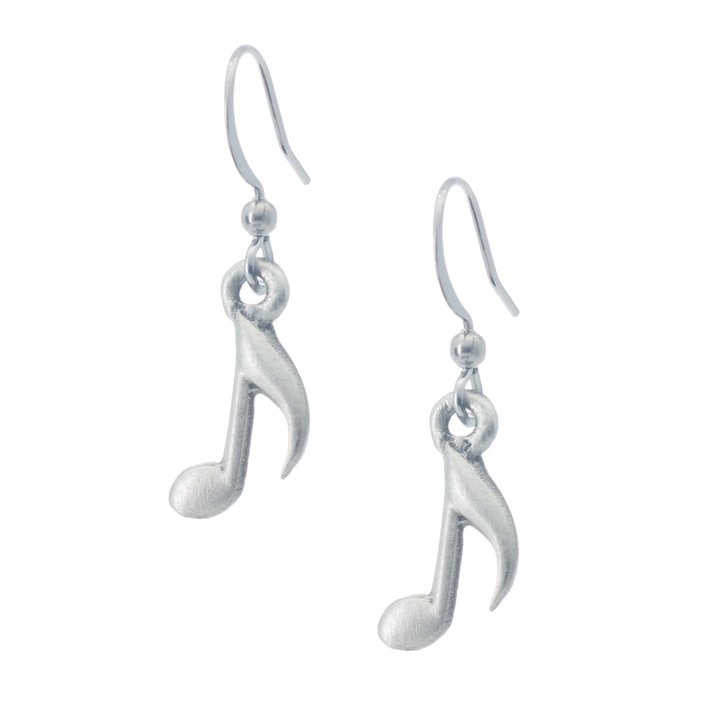 Music Note Earring. Satin finish. Made from Pewter. Made in Fredericton NB New Brunswick Canada