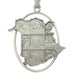 The province of New Brunswick in silhouette, inset with a grid of NB scenes. Christmas Tree ornament. Made from Pewter. Silver ribbon. Made in Fredericton NB Canada