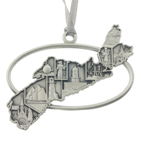 The province of Nova Scotia in silhouette, inset with a selection of NS landmarks. Christmas Tree ornament. Made from Pewter. Silver ribbon. Made in Fredericton NB Canada