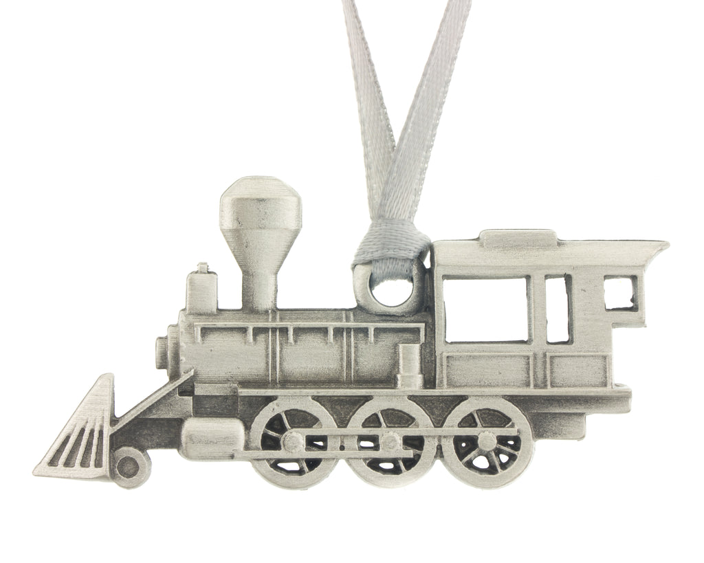 Old Fashioned Toy Train Christmas Tree ornament. Made from Pewter. Silver ribbon. Made in Fredericton NB New Brunswick Canada