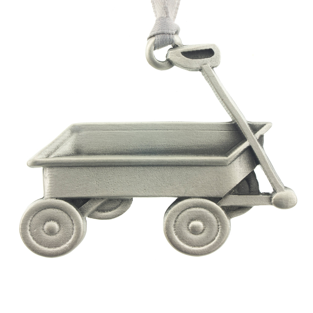 Old Fashioned Toy Wagon Christmas Tree ornament. Made from Pewter. Silver ribbon. Made in Fredericton NB New Brunswick Canada