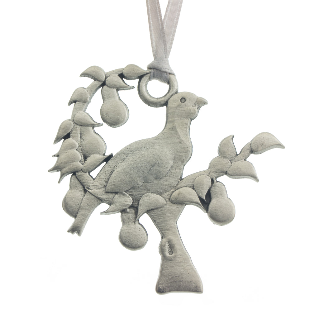 A partridge in a pear tree. Christmas Tree ornament. Made from Pewter. Silver ribbon. Made in Fredericton NB New Brunswick Canada