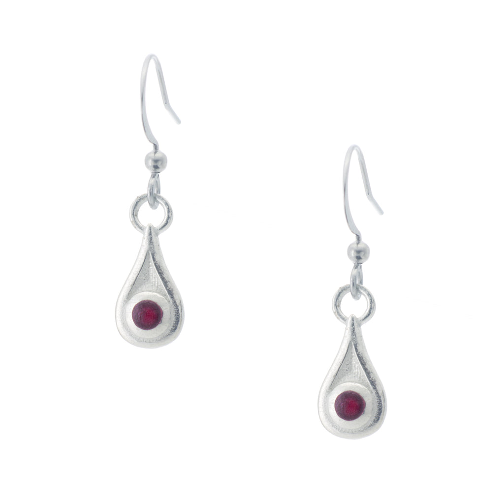 Rivulet Earring. Red enamel. Made from Pewter. Made in Fredericton NB New Brunswick Canada