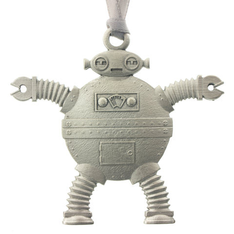 Robot 2 Christmas Tree ornament. Made from Pewter. Silver ribbon. Made in Fredericton NB New Brunswick Canada