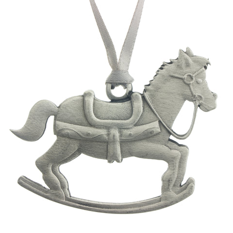 A rocking horse Christmas Tree ornament. Made from Pewter. Silver ribbon. Made in Fredericton NB New Brunswick Canada