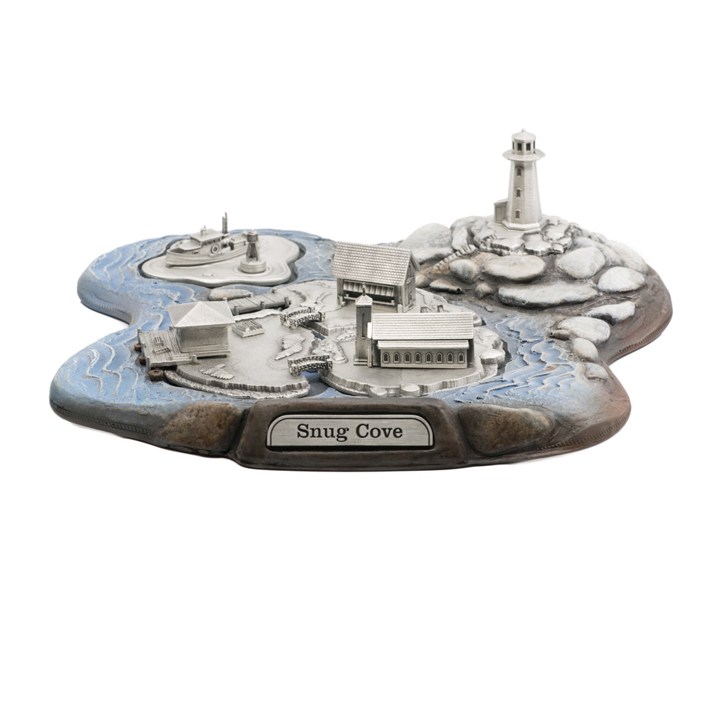 Snug Cove. Miniature. Diorama. Made from pewter and wood. Made in Fredericton NB New Brunswick Canada
