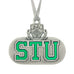 Saint Thomas University Crest, and STU in translucent green enamal. Christmas Tree ornament. Made from Pewter. Silver ribbon. Made in Fredericton NB New Brunswick Canada