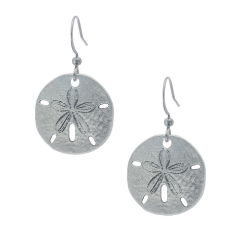 Small Sand Dollar Earring. Satin finish. Made from Pewter. Made in Fredericton NB New Brunswick Canada