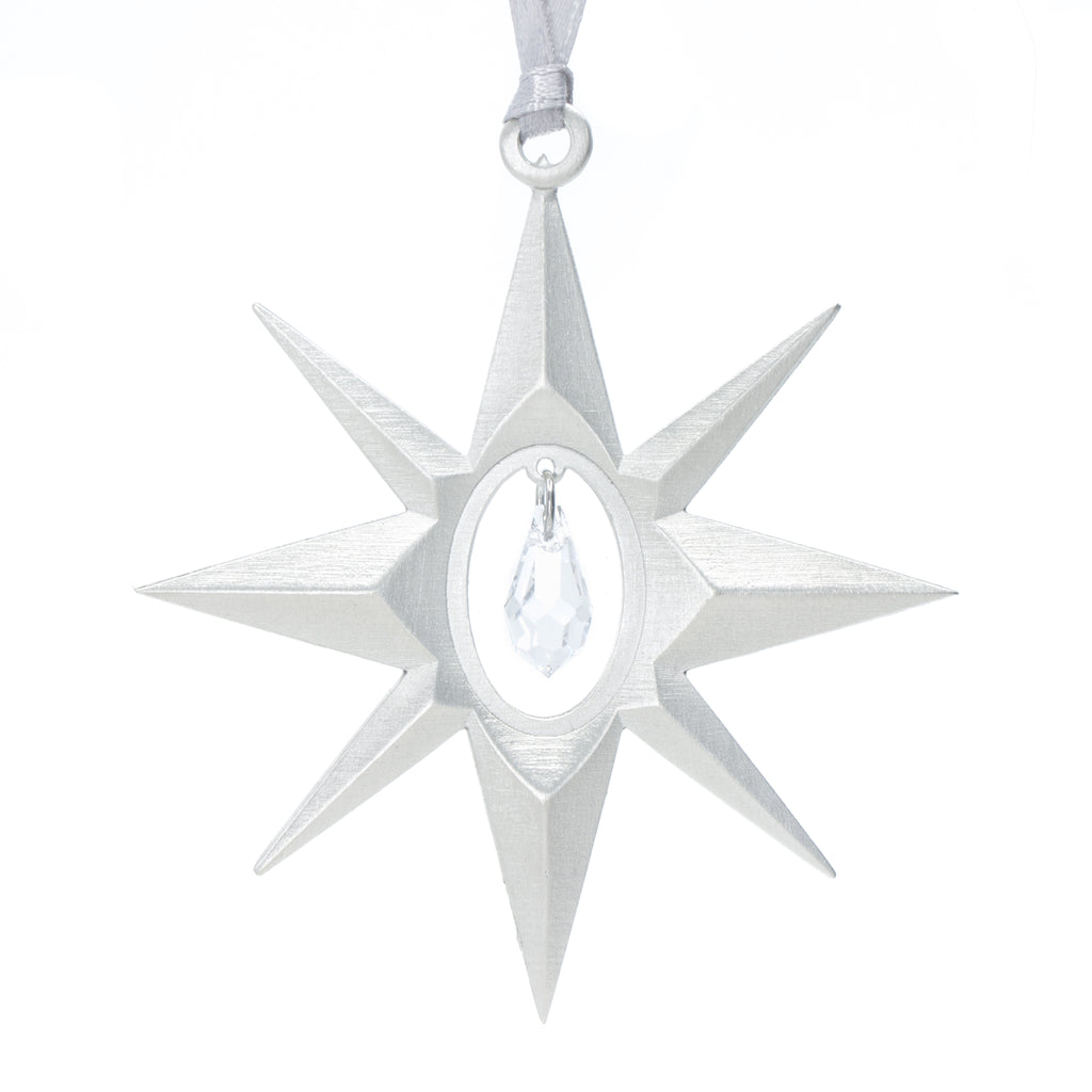 Shining Star Christmas Tree ornament. Made from Pewter. Silver ribbon. Made in Fredericton NB New Brunswick Canada