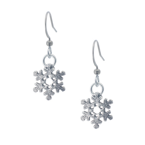 Snowflake Earring. Polish finish. Made from Pewter. Made in Fredericton NB New Brunswick Canada