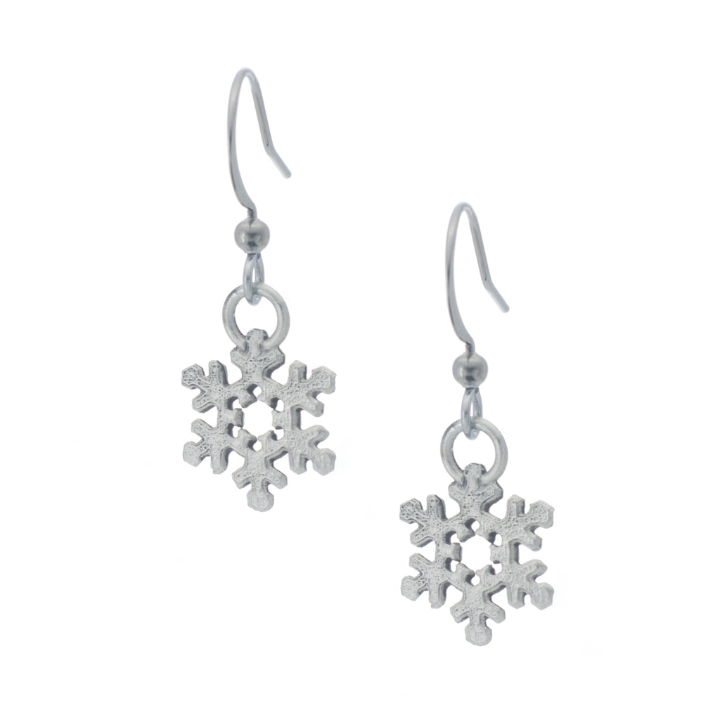 Snowflake Earring. Satin finish. Made from Pewter. Made in Fredericton NB New Brunswick Canada