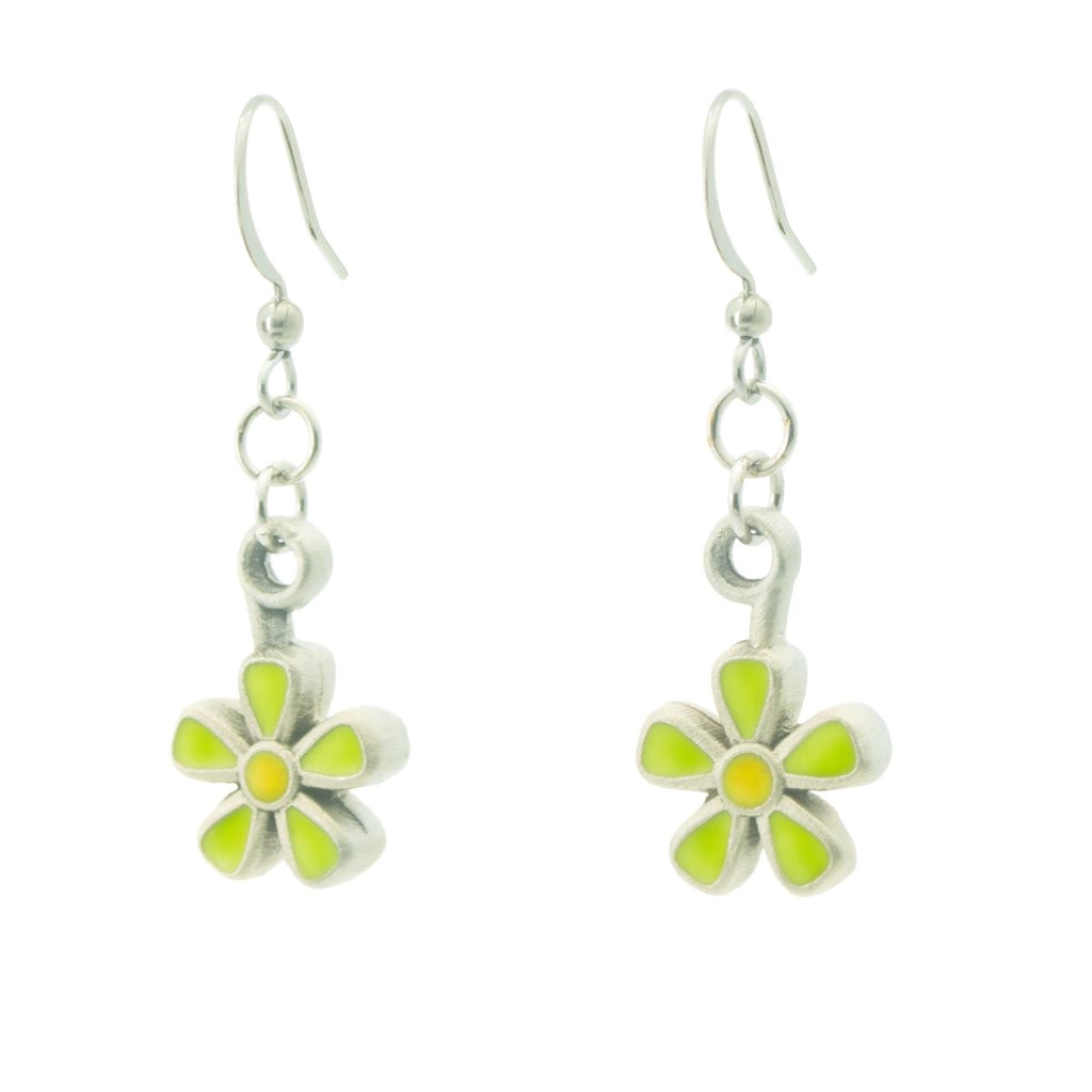 Spring Blossom Earrings. Green and yellow enamel. Made from Pewter. Made in Fredericton NB New Brunswick Canada