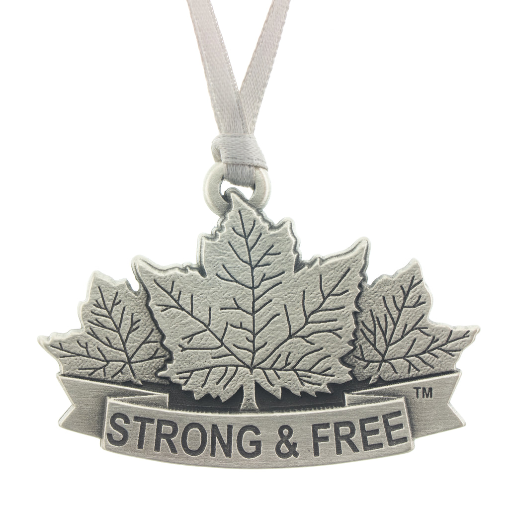 Strong & Free Christmas Tree ornament. Made from Pewter. Silver ribbon. Made in Fredericton NB New Brunswick Canada