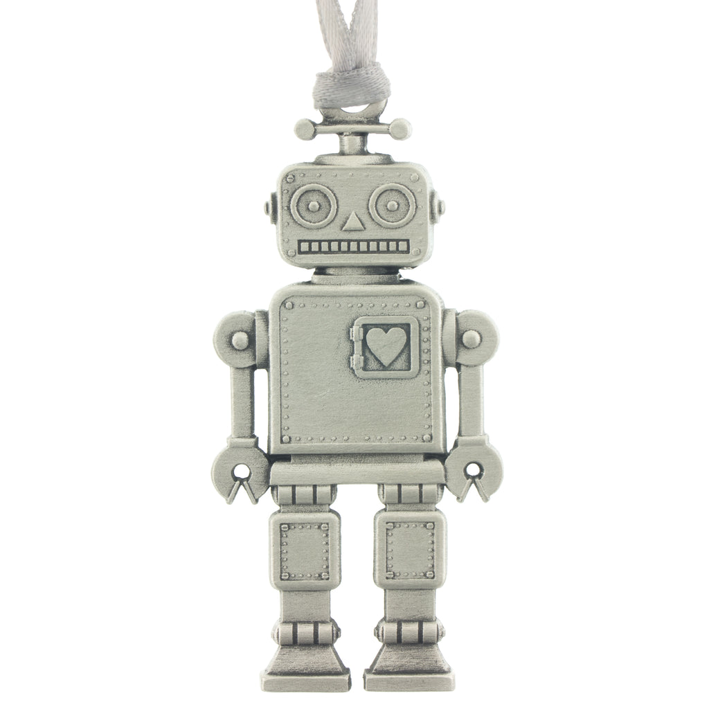 Toy Robot Christmas Tree ornament. Made from Pewter. Silver ribbon. Made in Fredericton NB New Brunswick Canada