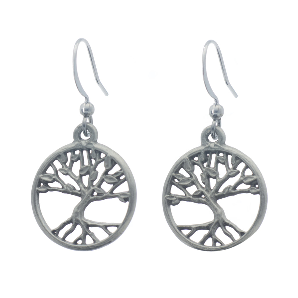 Tree of Life Earrings. Satin finish. Made from Pewter. Made in Fredericton NB New Brunswick Canada