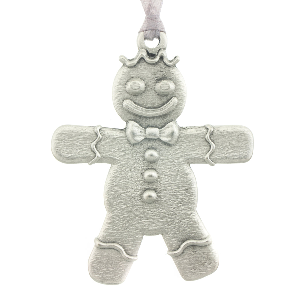 Gingerbread man. Christmas Tree ornament. Made from Pewter. Silver ribbon. Made in Fredericton NB New Brunswick Canada