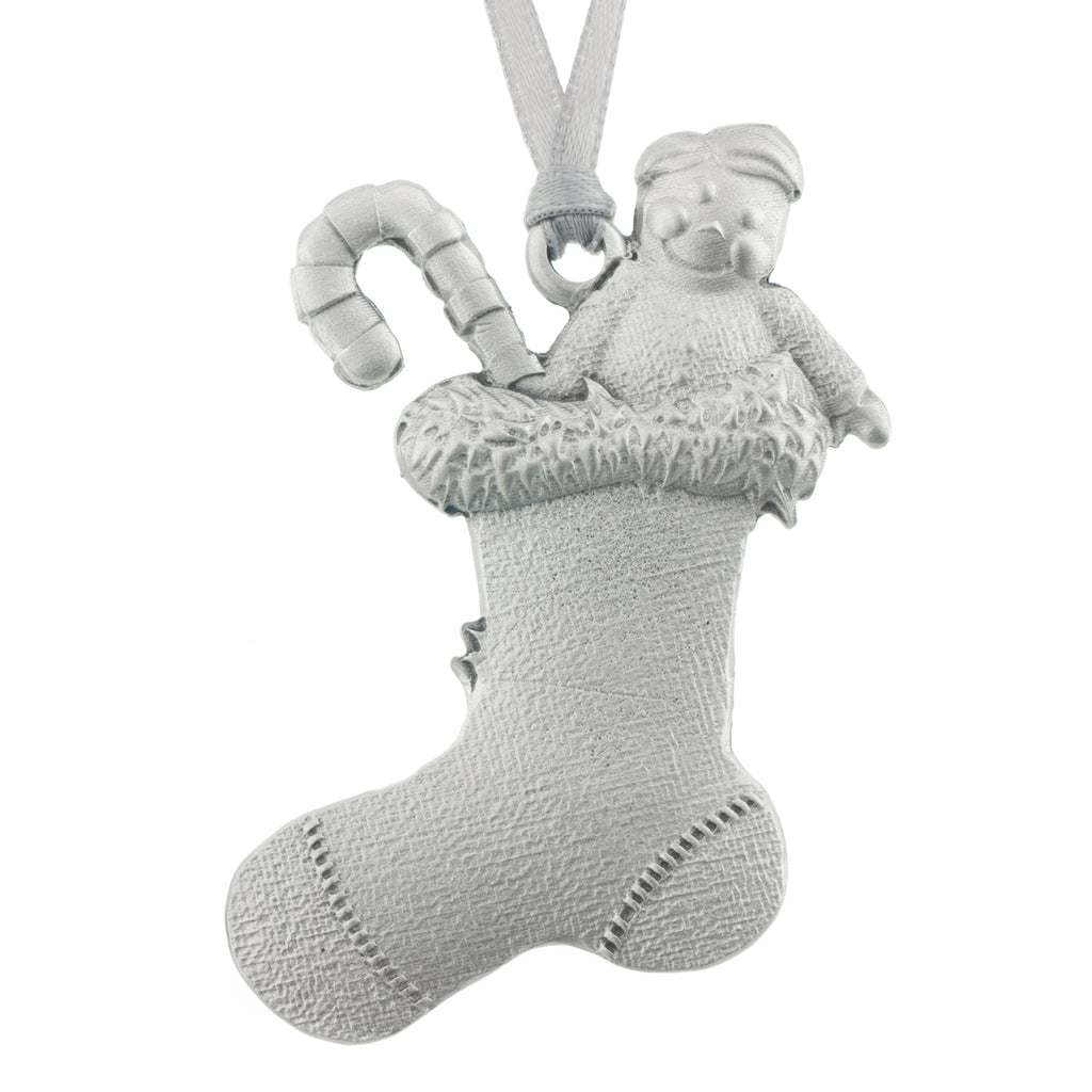 Stocking. Christmas Tree ornament. Made from Pewter. Silver ribbon. Made in Fredericton NB New Brunswick Canada