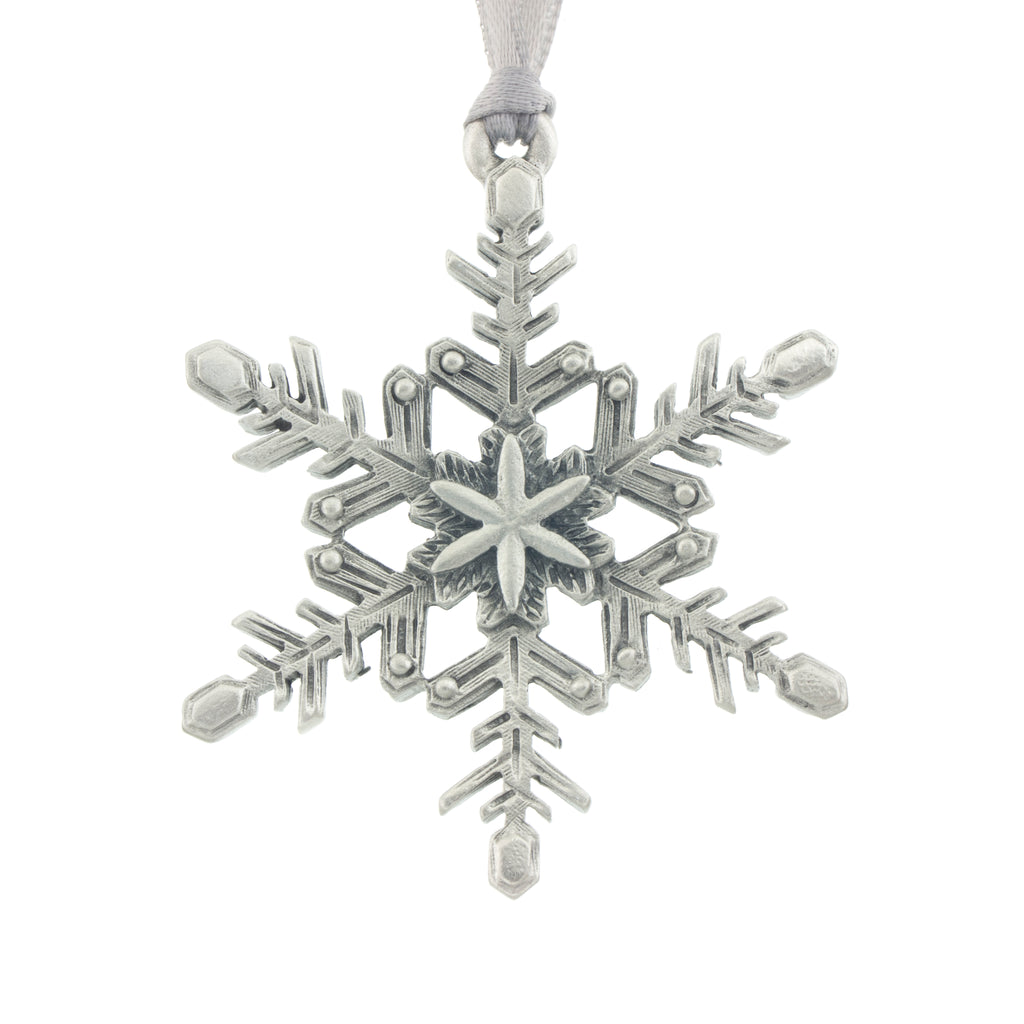 Winter frost. Snowflake. Christmas Tree ornament. Made from Pewter. Silver ribbon. Made in Fredericton NB New Brunswick Canada