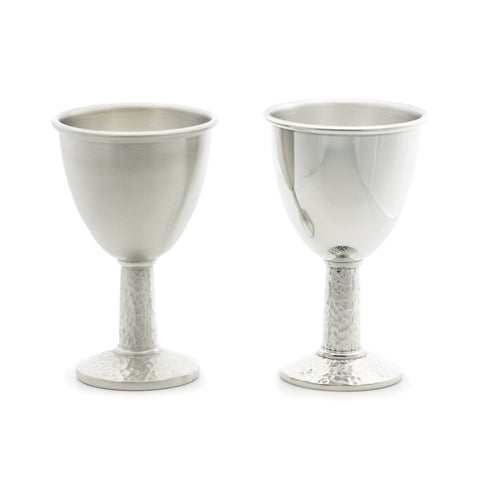 Kings Goblet comparison. Satin Finish (L) and Polish finish (R) Made from Pewter. Made in Fredericton NB New Brunswick Canada